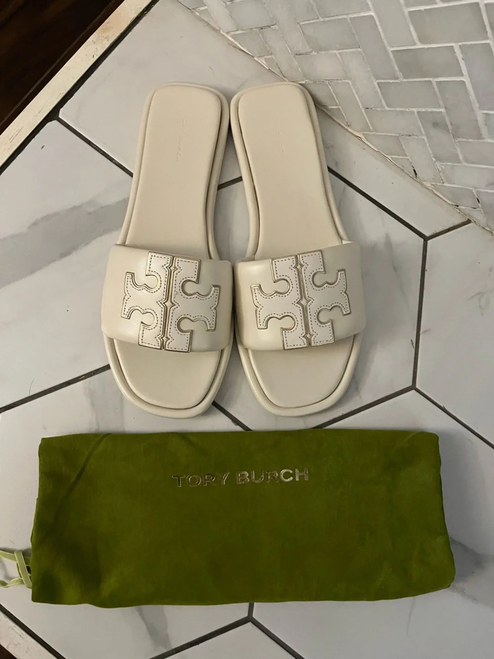 Tory Burch Ivory Logo Slide Sandals - Picture 1 of 9